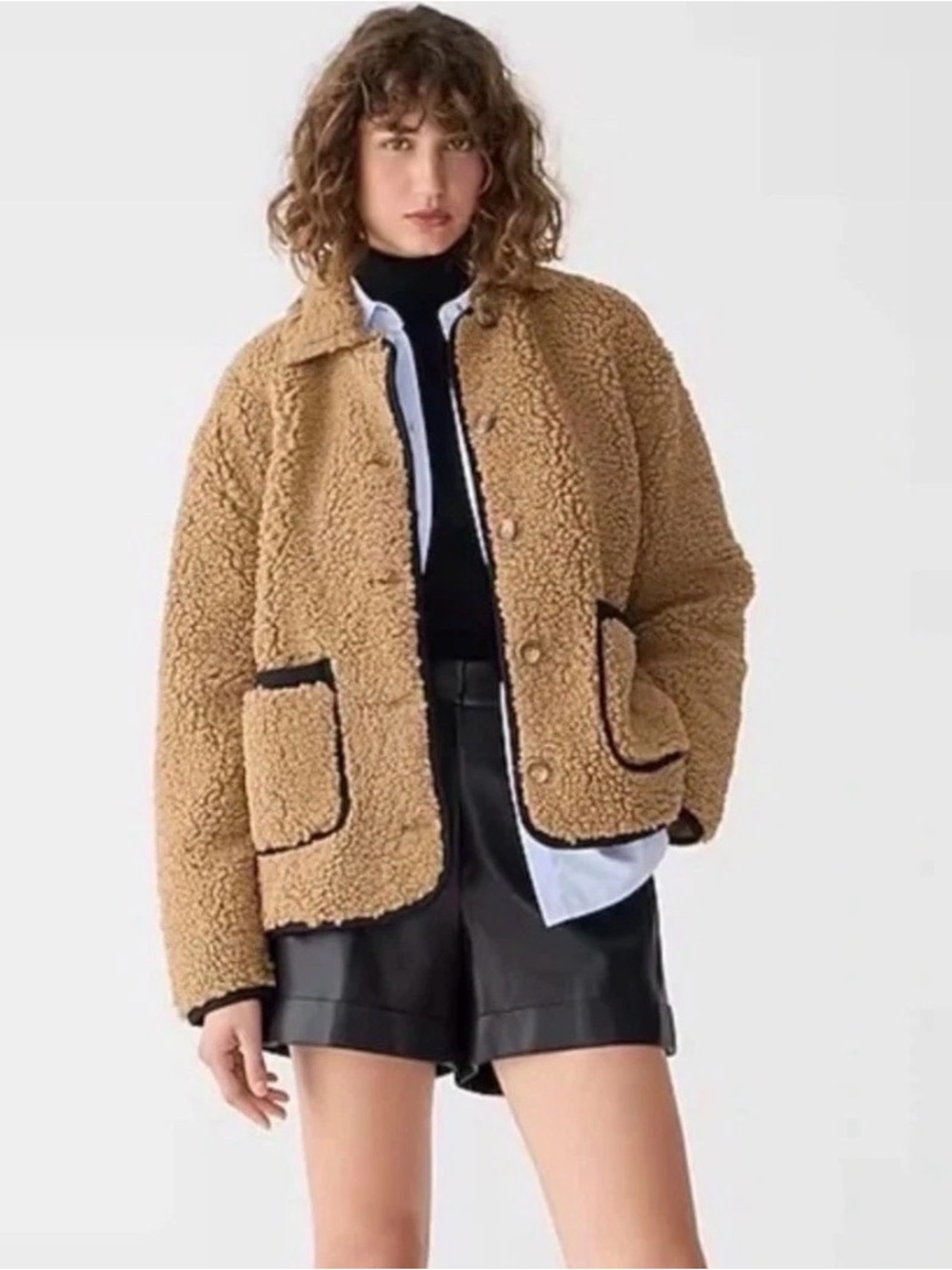 J.CREW Sherpa Barn Jacket Women Brown Button Collared Mid-Length Fall Winter M
